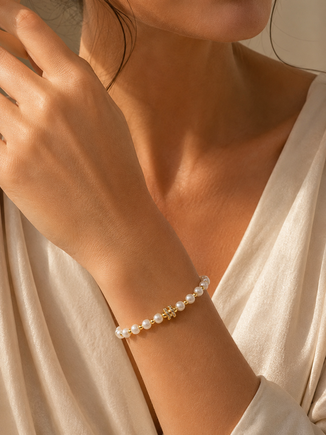 Bracciale Audrey slim con perle in vetro di Murano da 6 mm, indossato